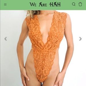 Plunging V neck lace bodysuit, small, brown sugar color